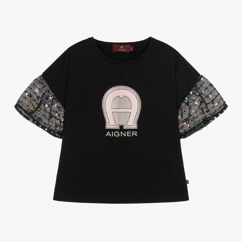 AIGNER-Girls Cotton & Tulle Black Tee | Childrensalon Outlet