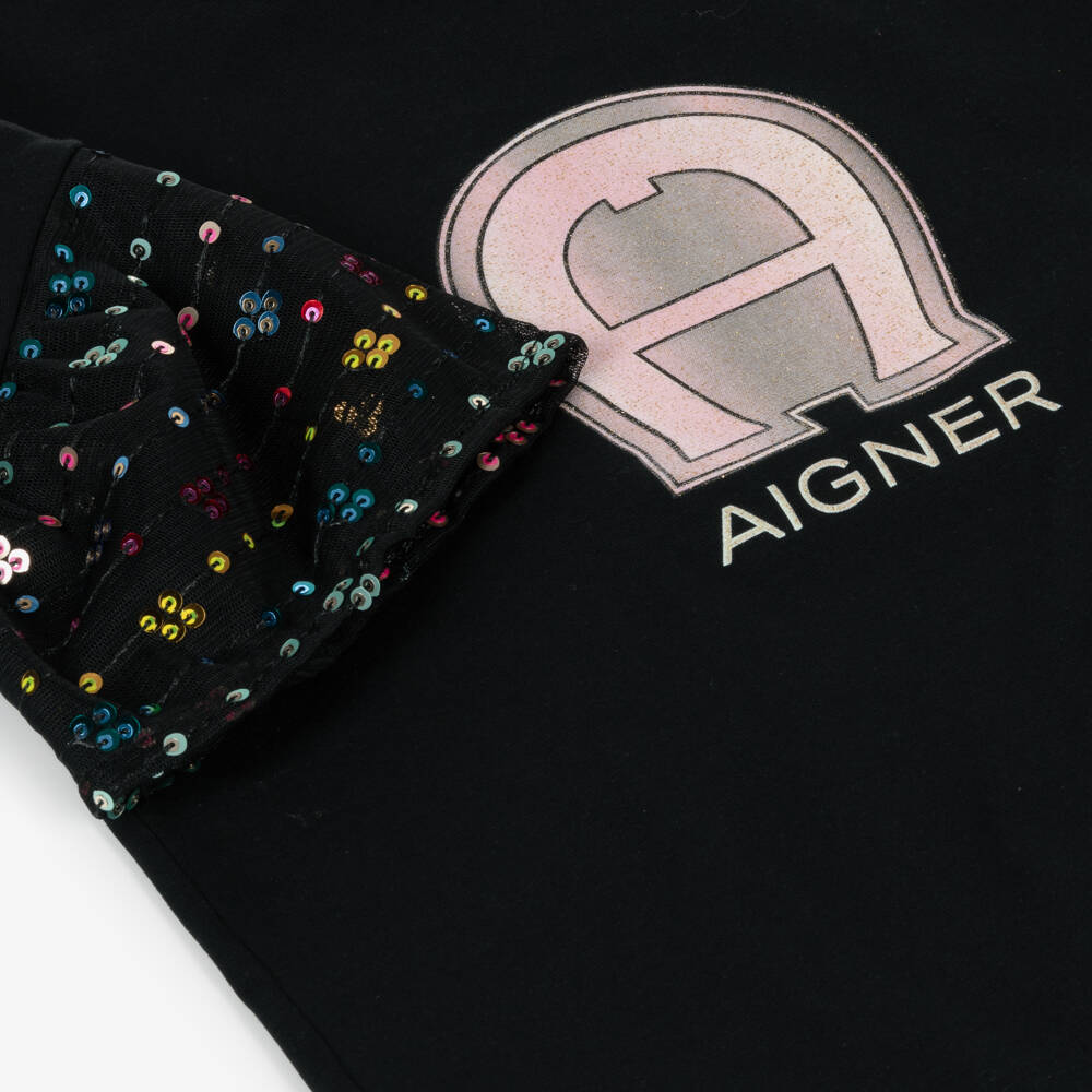AIGNER-Girls Cotton & Tulle Black Tee | Childrensalon Outlet