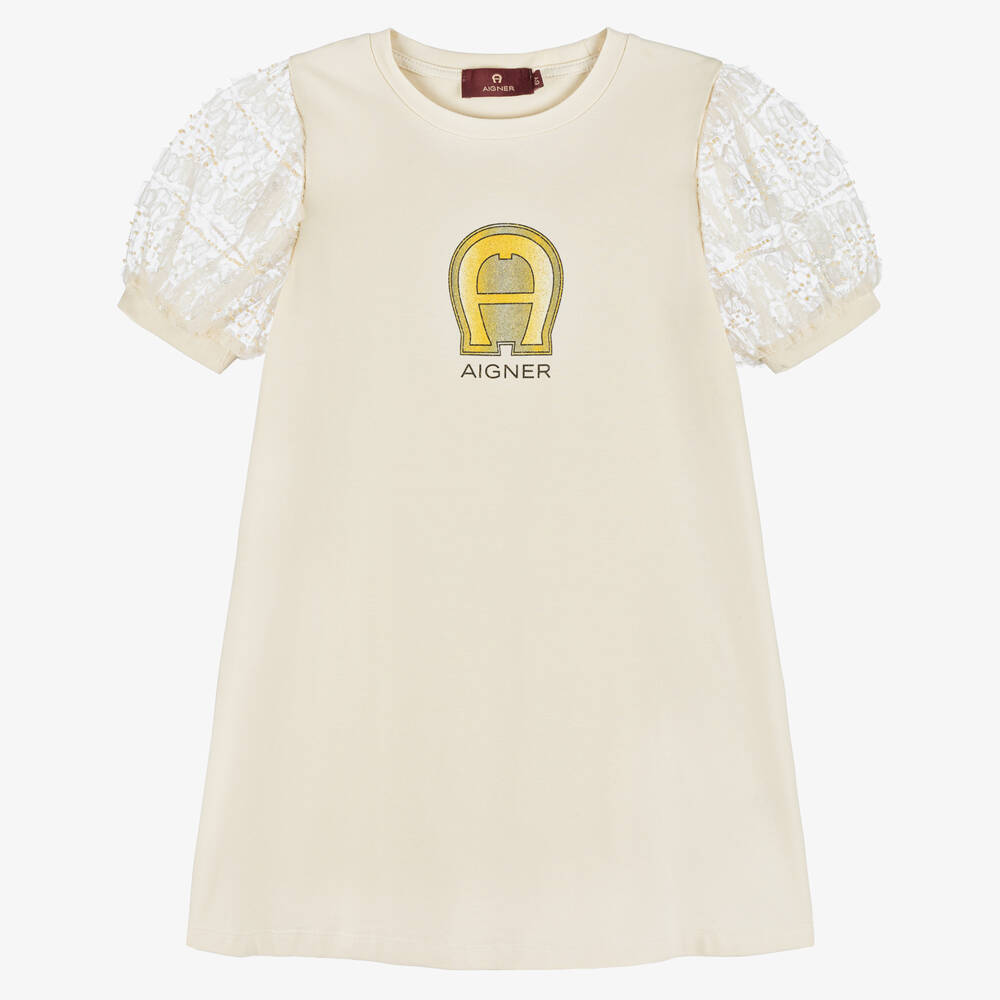 AIGNER-Girls Elegant Beige Puff Dress | Childrensalon Outlet