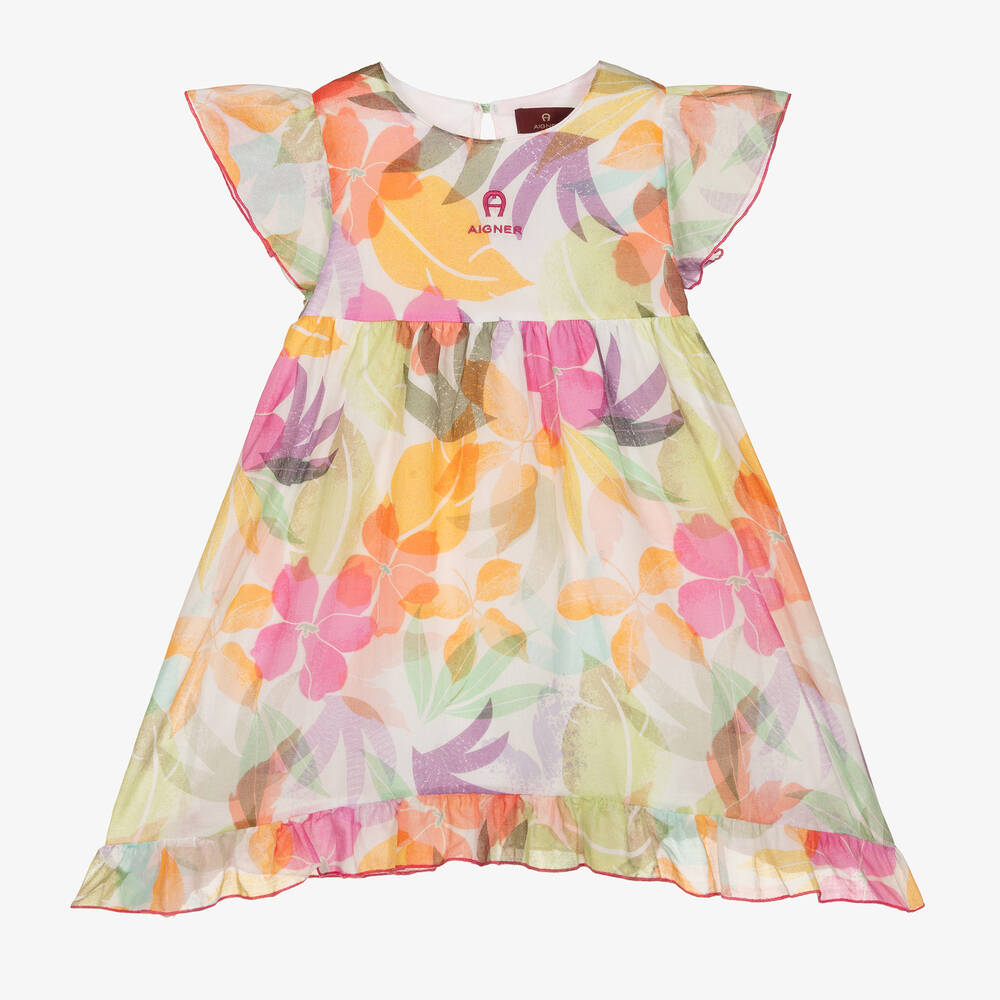 AIGNER - فستان قطن فوال لون زهري وبرتقالي بطبعة ورود | Childrensalon