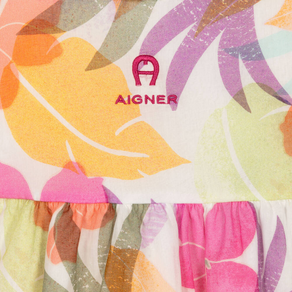 AIGNER-فستان قطن فوال لون زهري وبرتقالي بطبعة ورود | Childrensalon Outlet