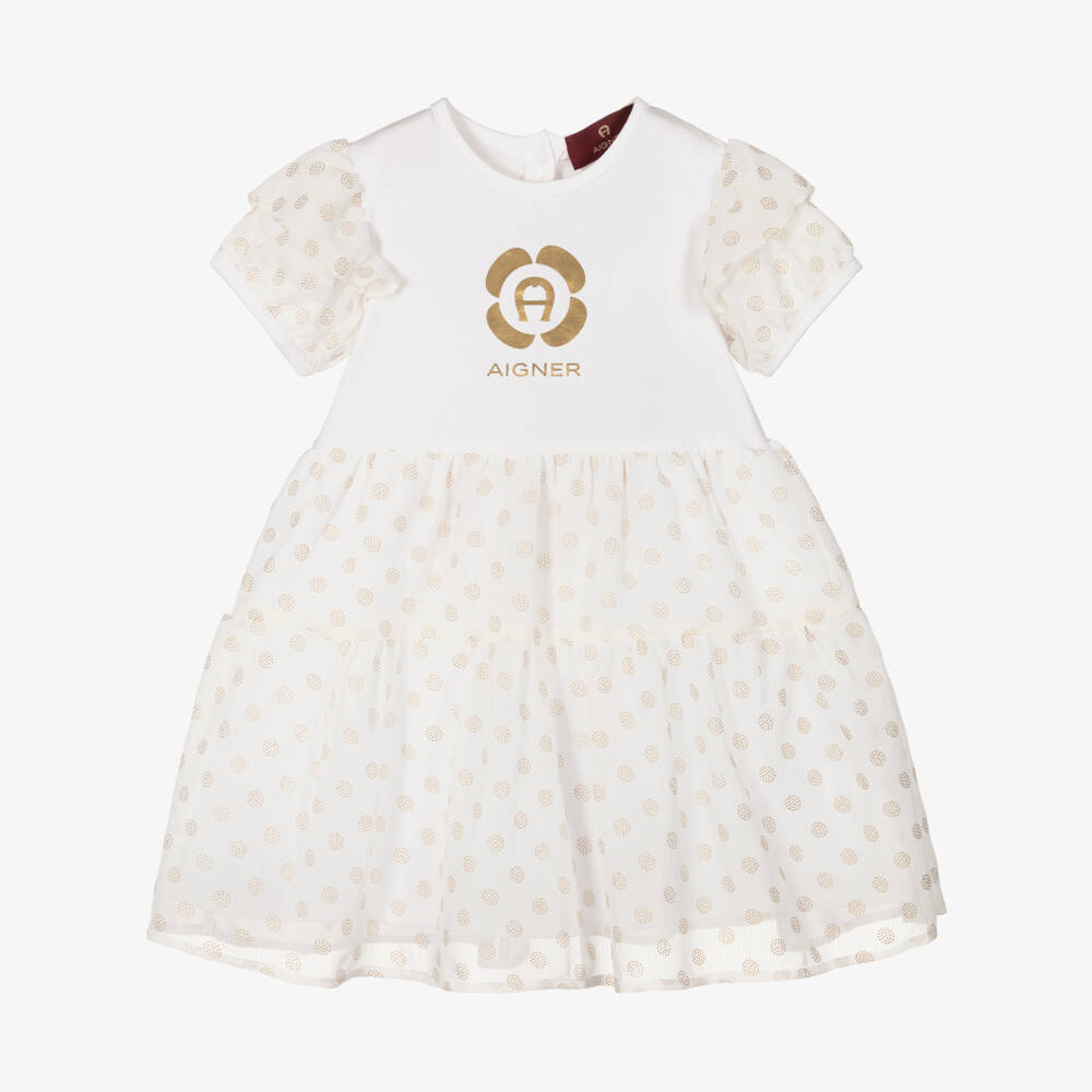 AIGNER-Girls Gold Dot Chiffon Dress | Childrensalon Outlet