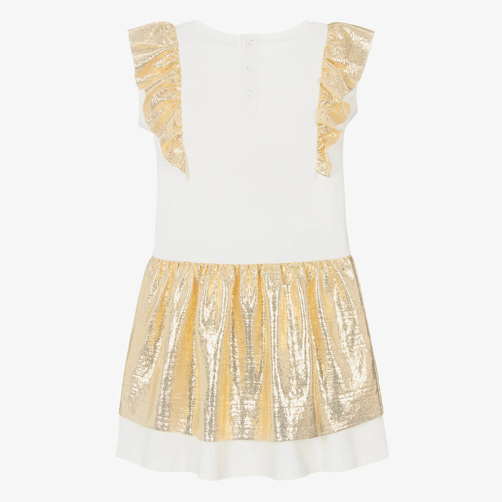 AIGNER-فستان قطن جيرسي لون ذهبي وعاجي مزين بكشكش | Childrensalon Outlet