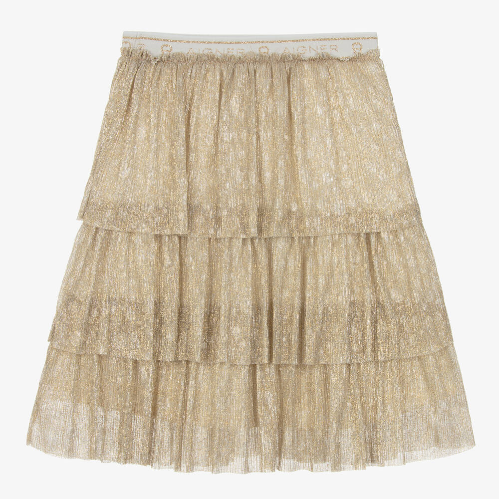 AIGNER-Girls Gold Tiered Polka Dot Plissé Skirt | Childrensalon Outlet