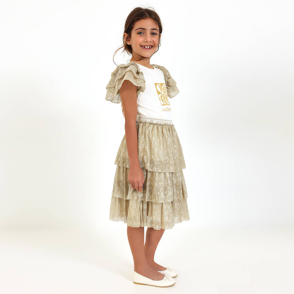 AIGNER-Girls Gold Tiered Polka Dot Plissé Skirt | Childrensalon Outlet