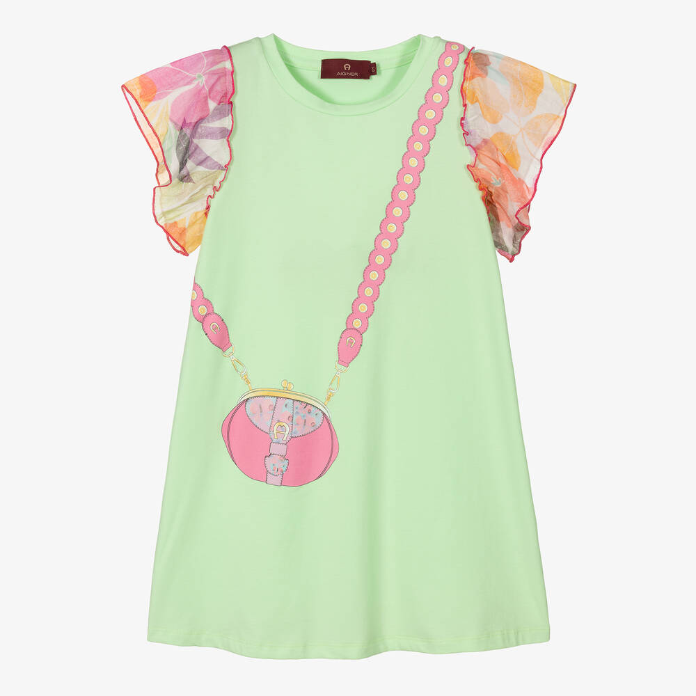 AIGNER - Зеленое хлопковое платье с принтом-сумкой | Childrensalon