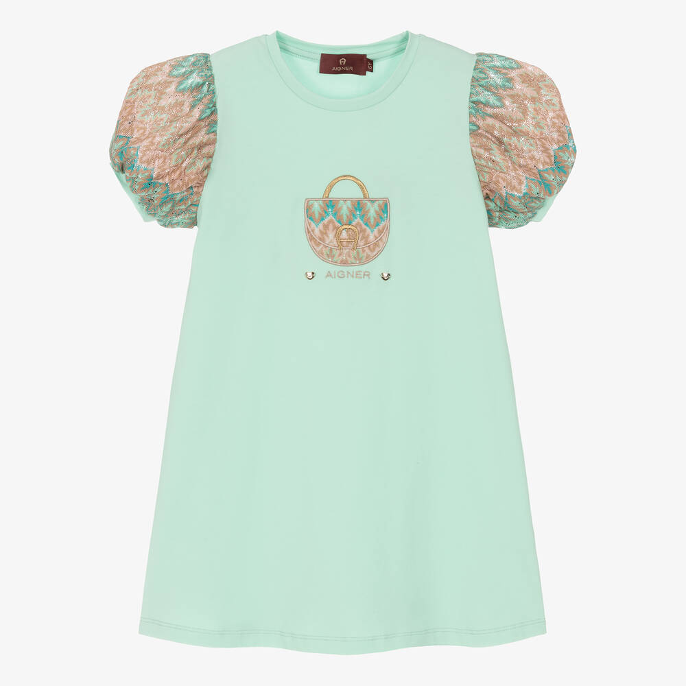 AIGNER-Зеленое трикотажное платье с кружевом | Childrensalon Outlet