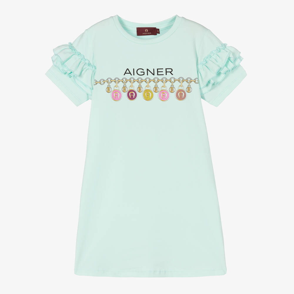 AIGNER - Girls Green Cotton Logo Dress | Childrensalon