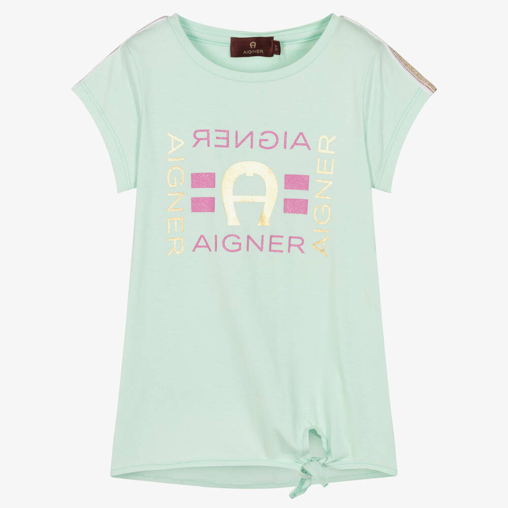 AIGNER - Girls Green Cotton Logo T-Shirt | Childrensalon