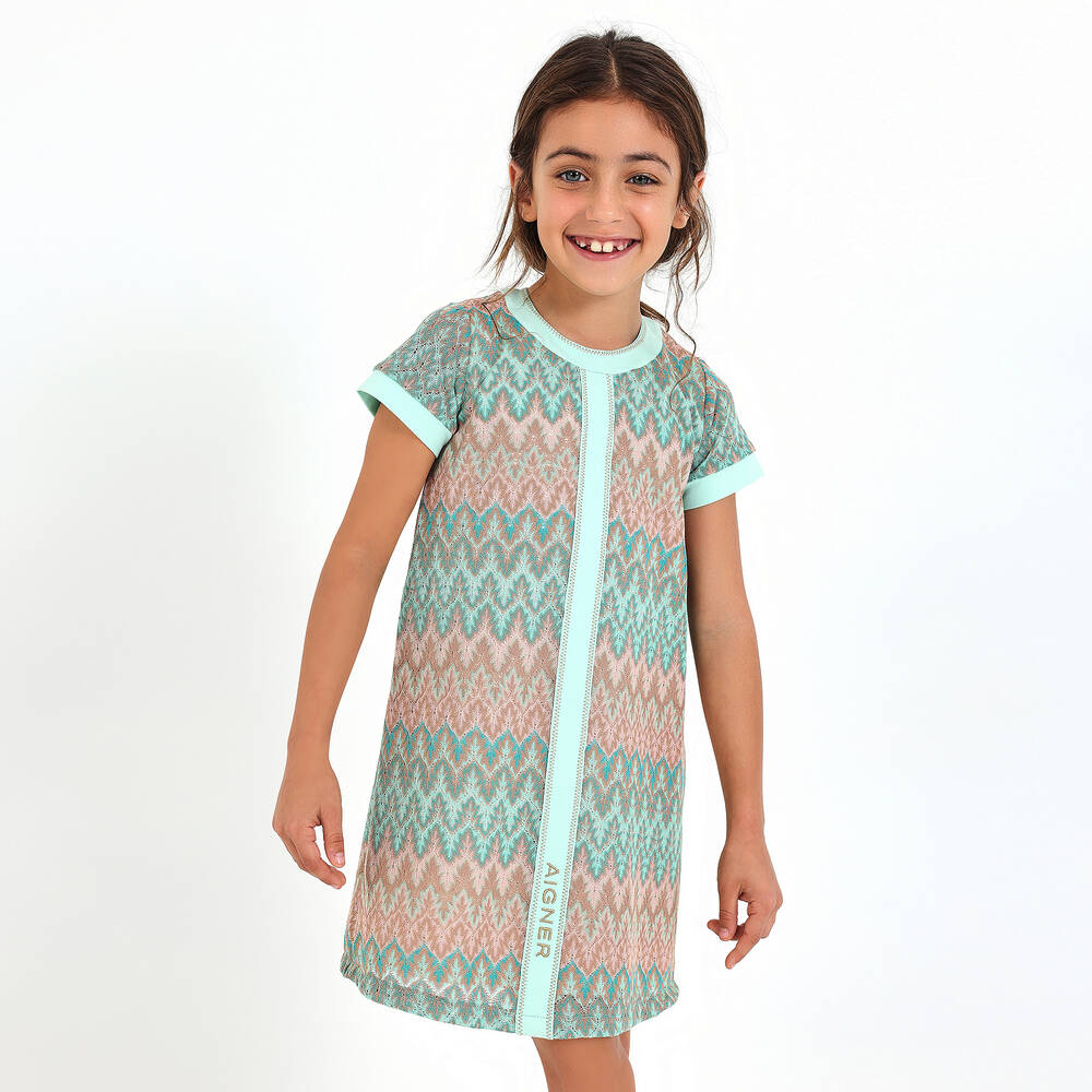 AIGNER-Girls Green & Pink Knitted Lace Dress | Childrensalon Outlet