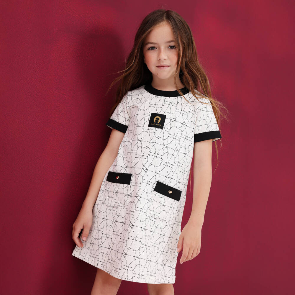AIGNER-Girls Ivory & Black Cotton Horseshoe Logo Dress | Childrensalon Outlet