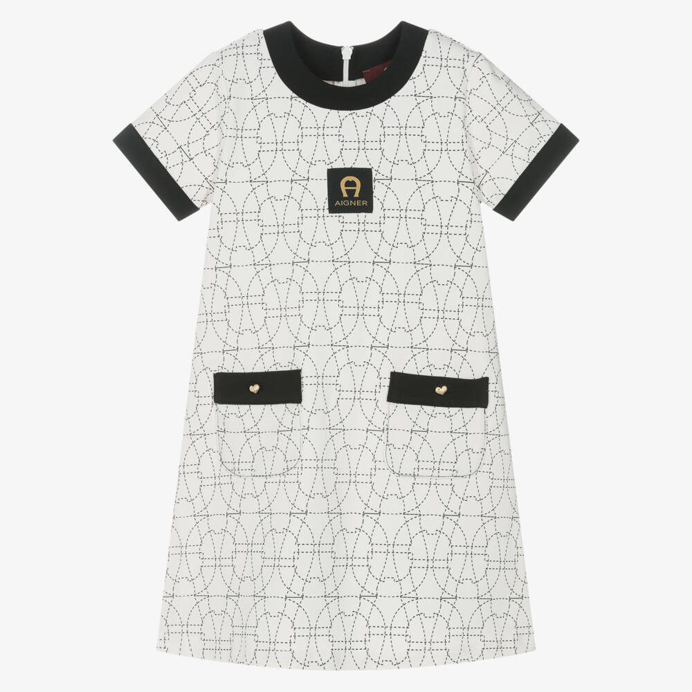 AIGNER-Girls Ivory & Black Cotton Horseshoe Logo Dress | Childrensalon Outlet