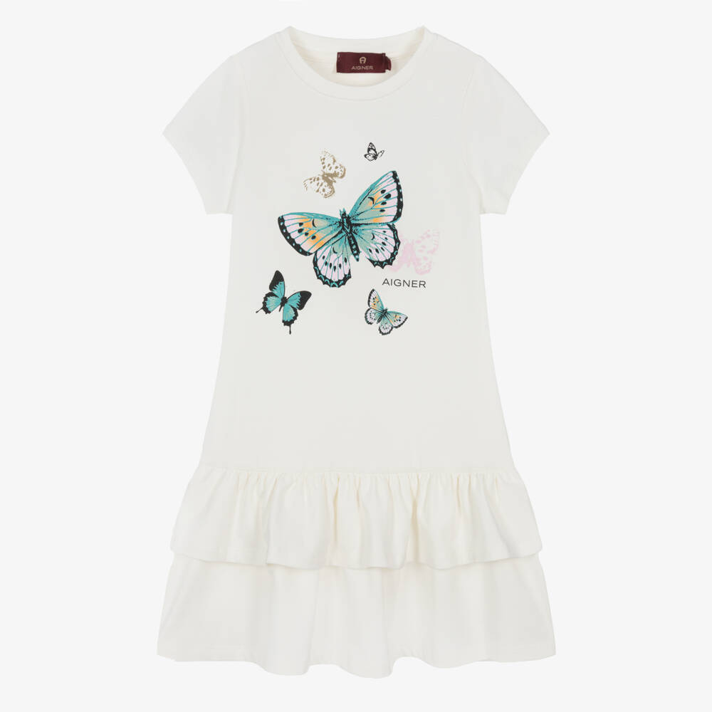 AIGNER-Girls Ivory Butterfly Print Cotton Jersey Dress | Childrensalon Outlet