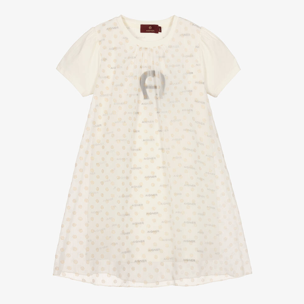 AIGNER - Кремовое шифоновое платье в горошек | Childrensalon