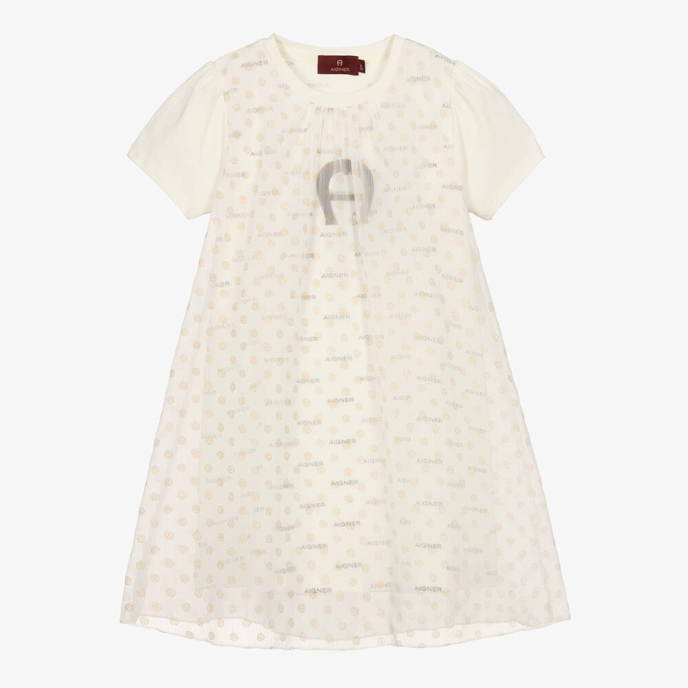 AIGNER - Girls Ivory Chiffon Polka Dot Dress | Childrensalon