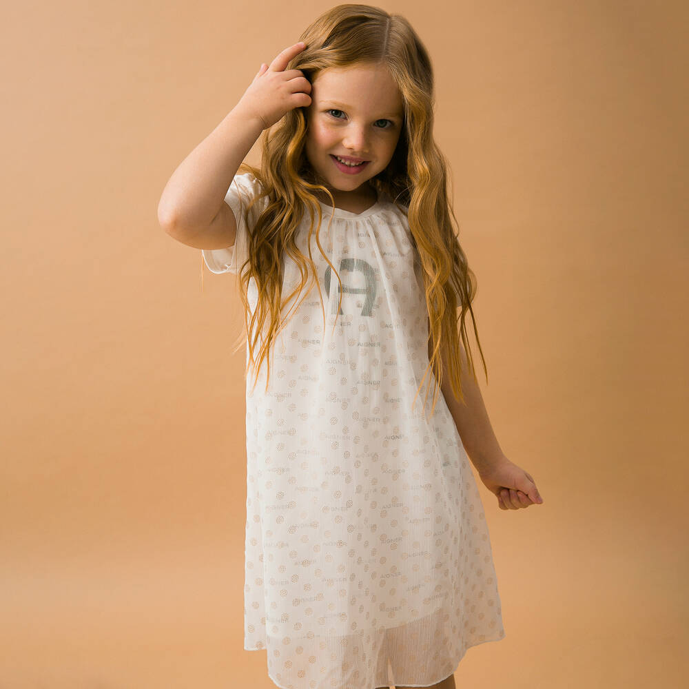 اقنر-فستان قطن وشيفون لون عاجي | Childrensalon Outlet