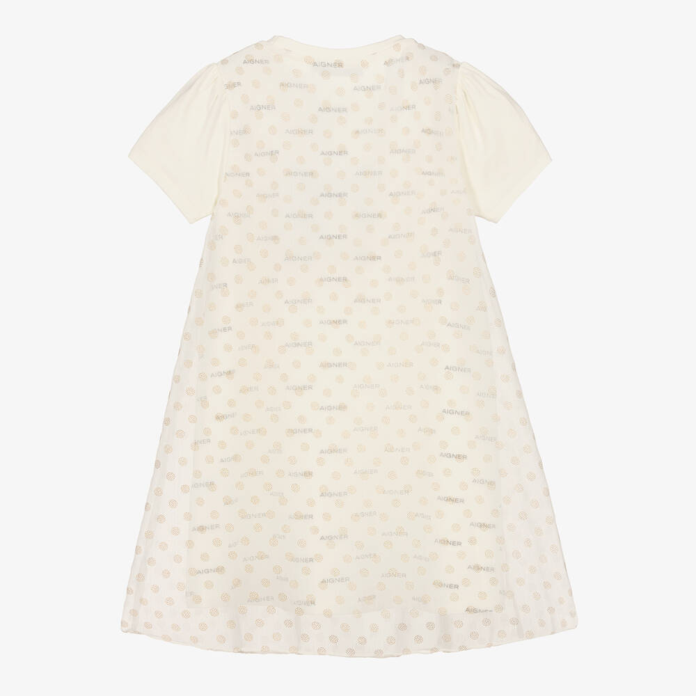 اقنر-فستان قطن وشيفون لون عاجي | Childrensalon Outlet