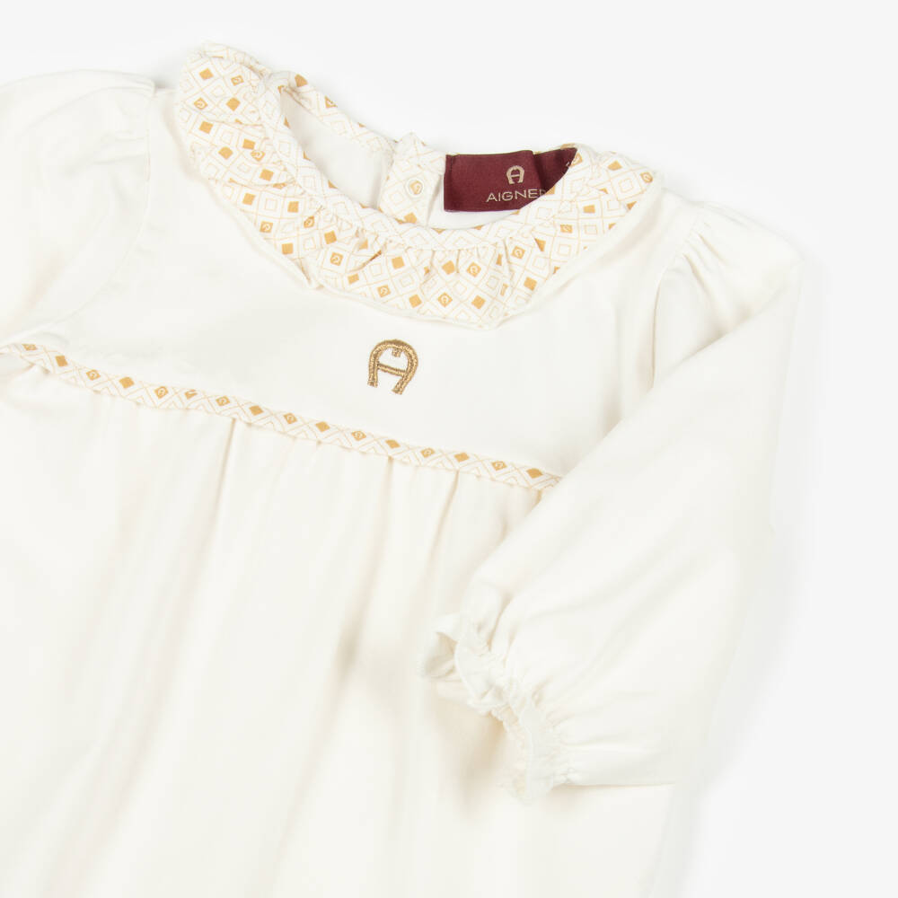 AIGNER-Girls Ivory Cotton Babygrow with Logo Ruffle Collar | Childrensalon Outlet
