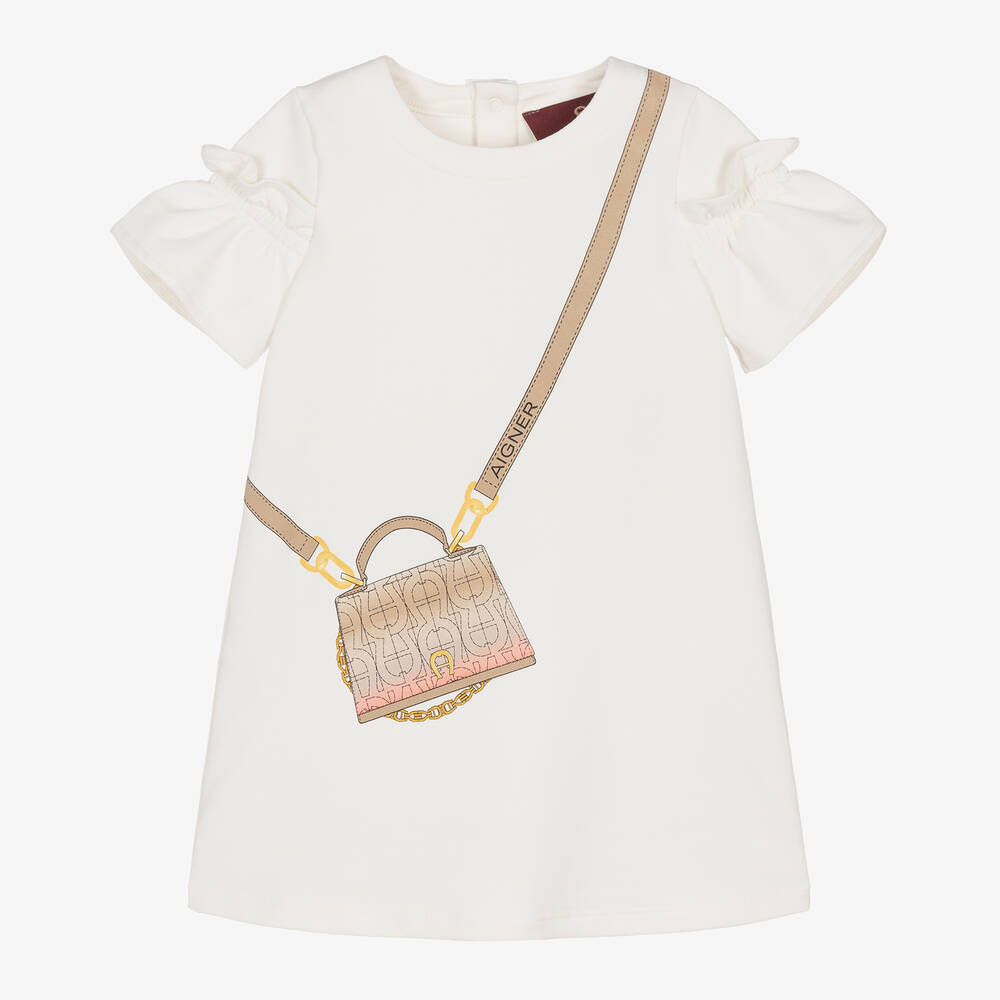 AIGNER-Girls Ivory Cotton Bag Print Dress | Childrensalon Outlet