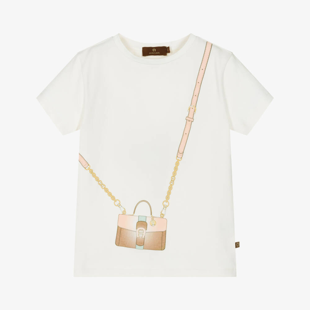 AIGNER-Girls Ivory Cotton Bag Print T-Shirt | Childrensalon Outlet