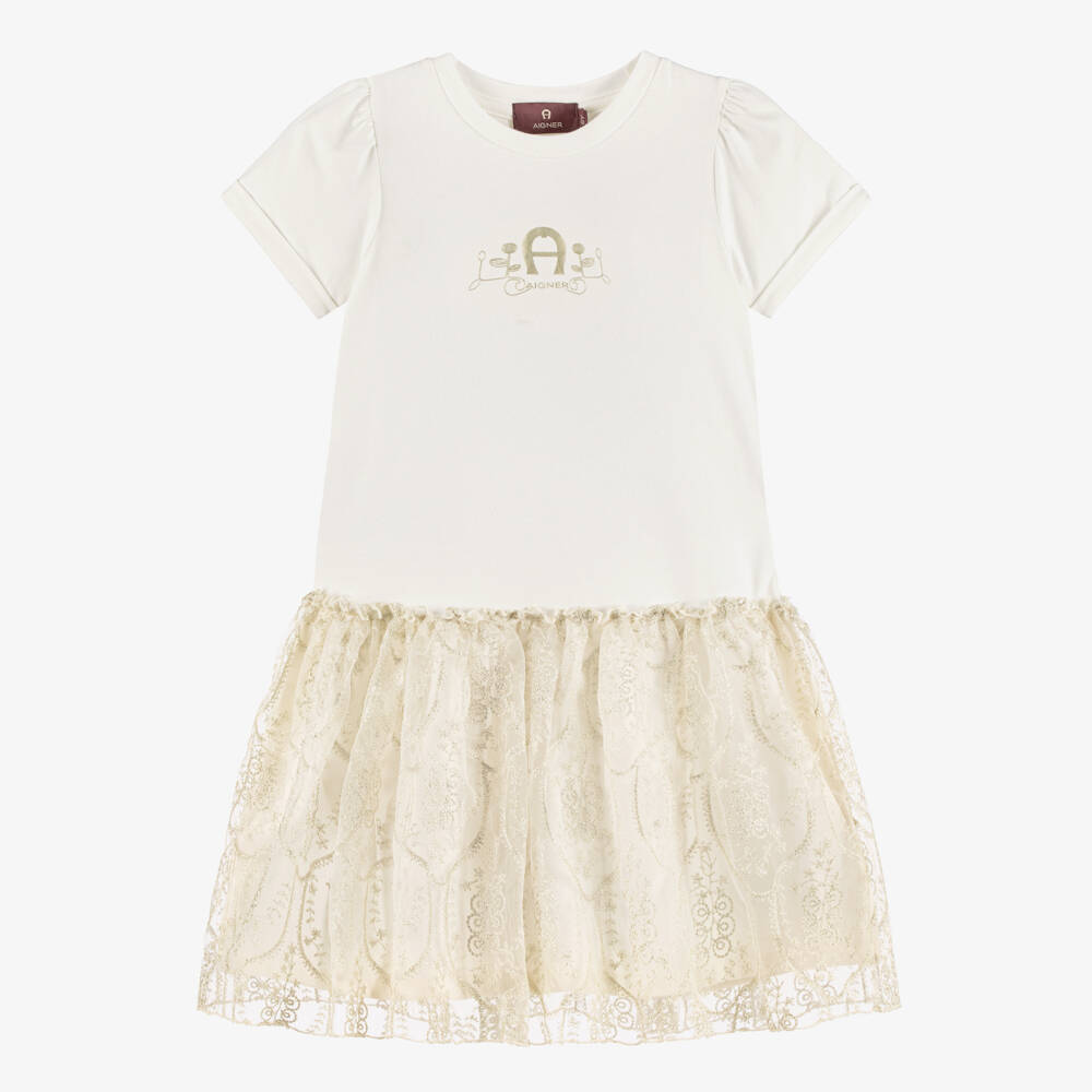 AIGNER-Girls Ivory Cotton Dress with Tulle Skirt | Childrensalon Outlet