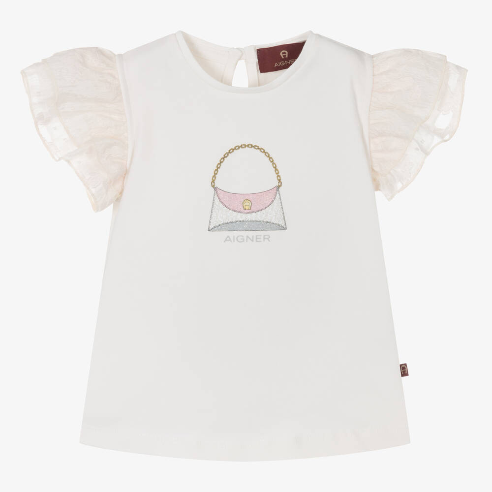 AIGNER-Girls Ivory Cotton Frilled T-shirt | Childrensalon Outlet