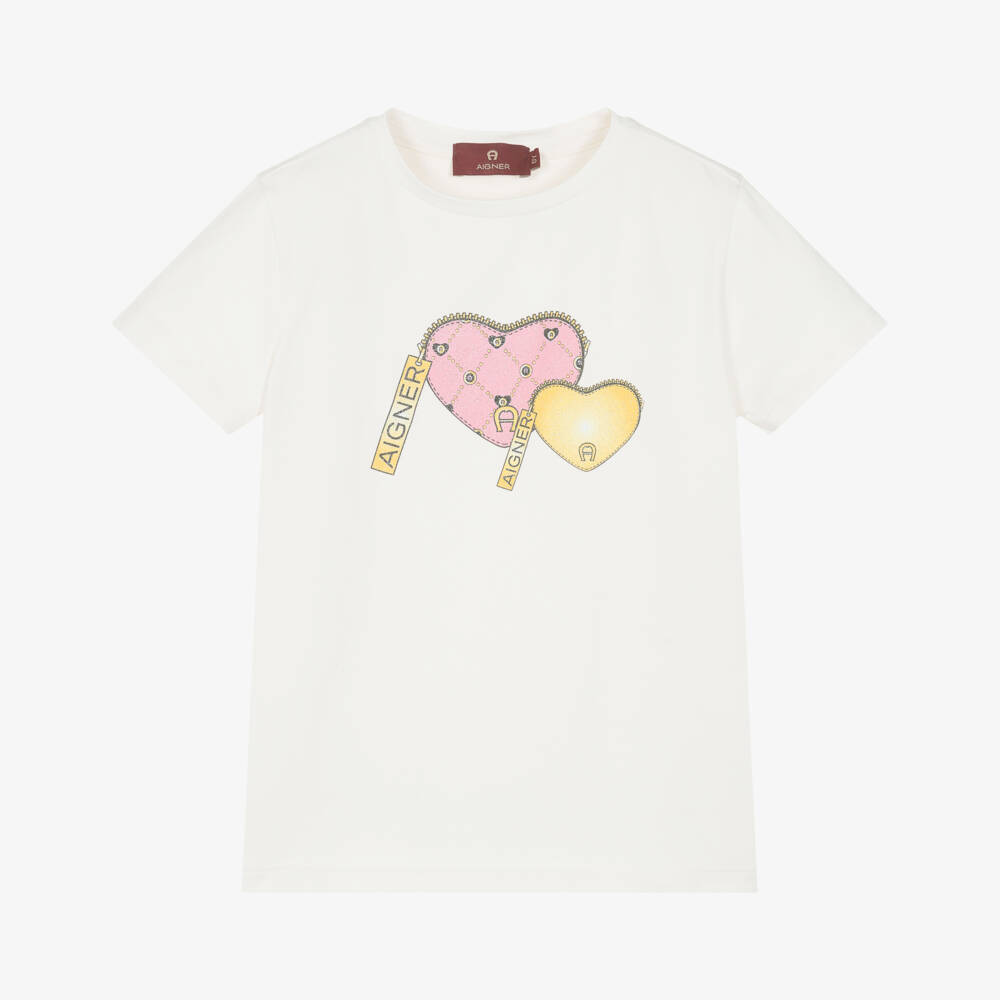 AIGNER-Girls Ivory Cotton Heart Purses T-Shirt | Childrensalon Outlet