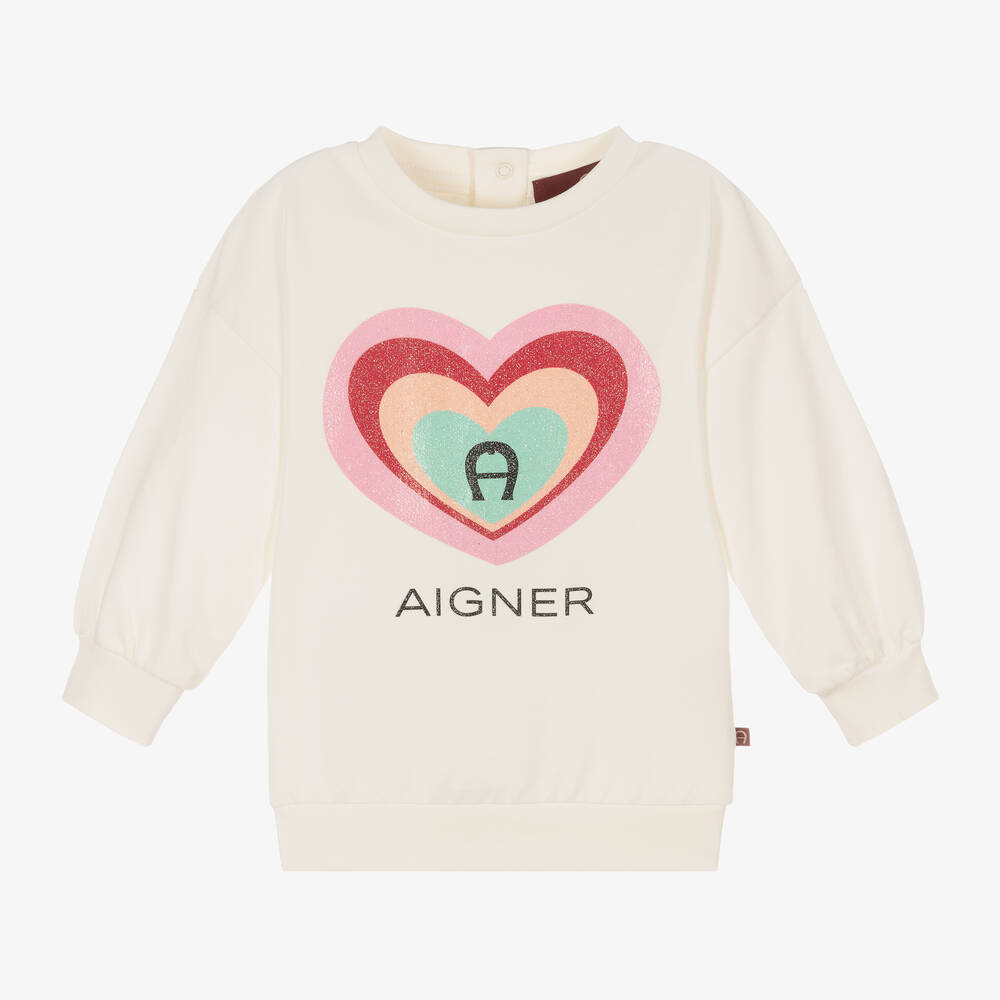 AIGNER - Girls Ivory Cotton Heart Sweatshirt | Childrensalon