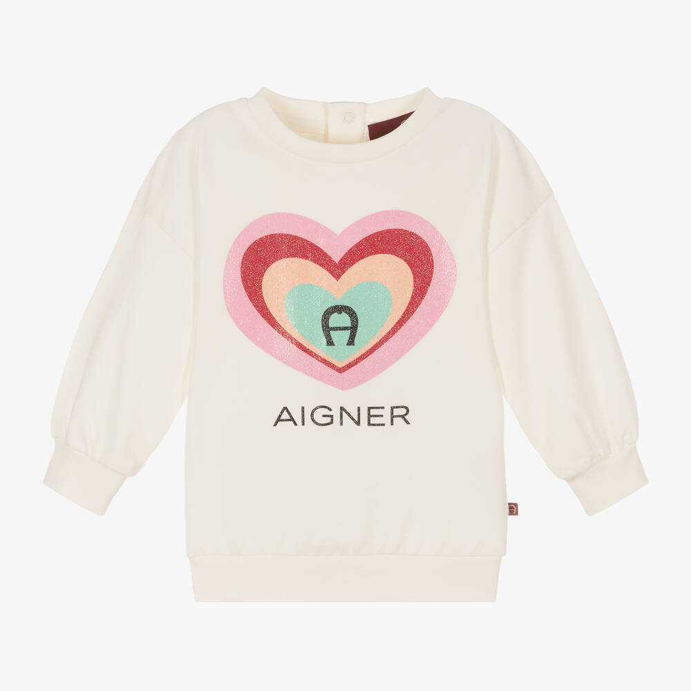 AIGNER - Sweat ivoire en coton à cœur fille | Childrensalon