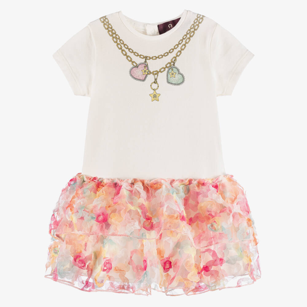 AIGNER-Girls Ivory Cotton Jersey & Pink Floral Tulle Dress | Childrensalon Outlet