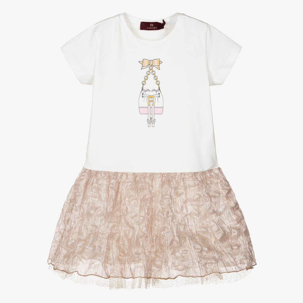 AIGNER-Girls Ivory Cotton Logo Dress | Childrensalon Outlet