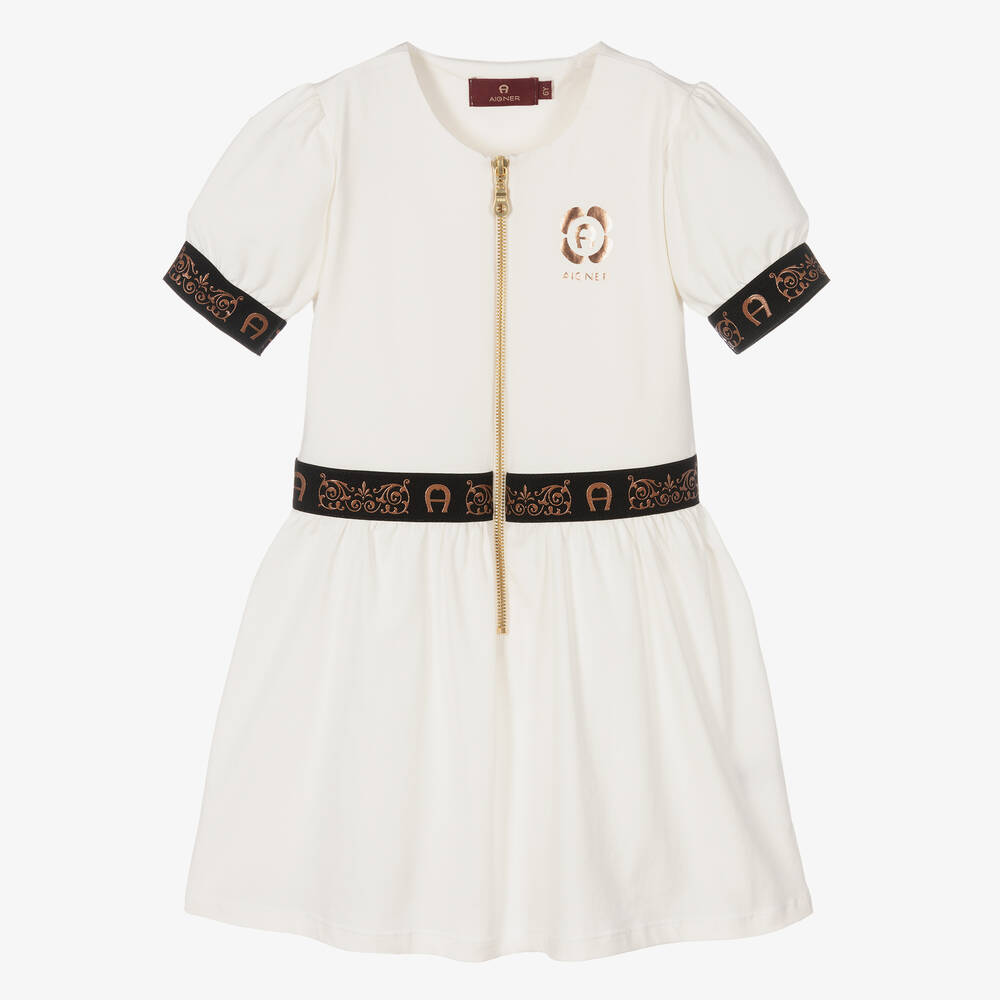 AIGNER - Girls Ivory Cotton Logo Dress | Childrensalon