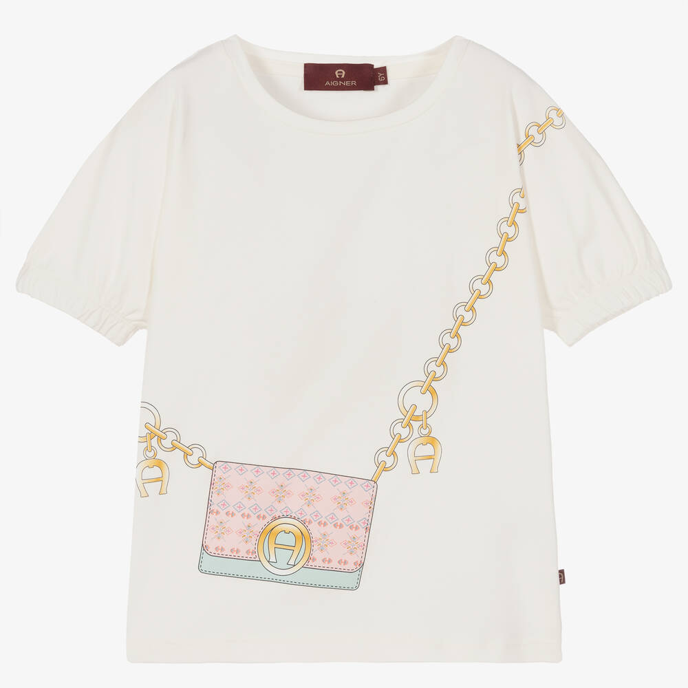 AIGNER - Girls Ivory Cotton Logo T-Shirt | Childrensalon