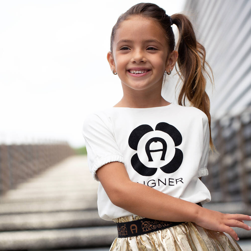 AIGNER-Girls Ivory Cotton Logo T-Shirt | Childrensalon Outlet