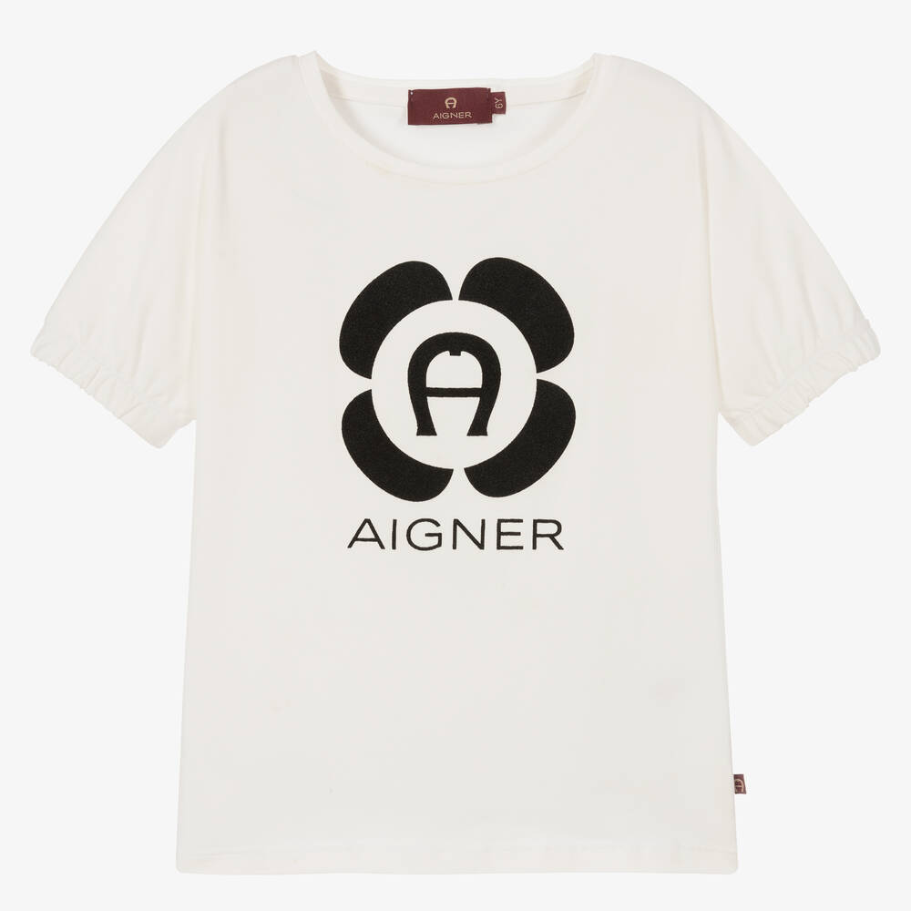 AIGNER - Girls Ivory Cotton Logo T-Shirt | Childrensalon