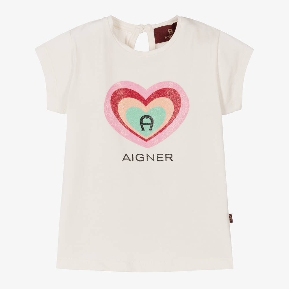 AIGNER - تيشيرت أطفال بناتي قطن جيرسي لون عاجي  | Childrensalon