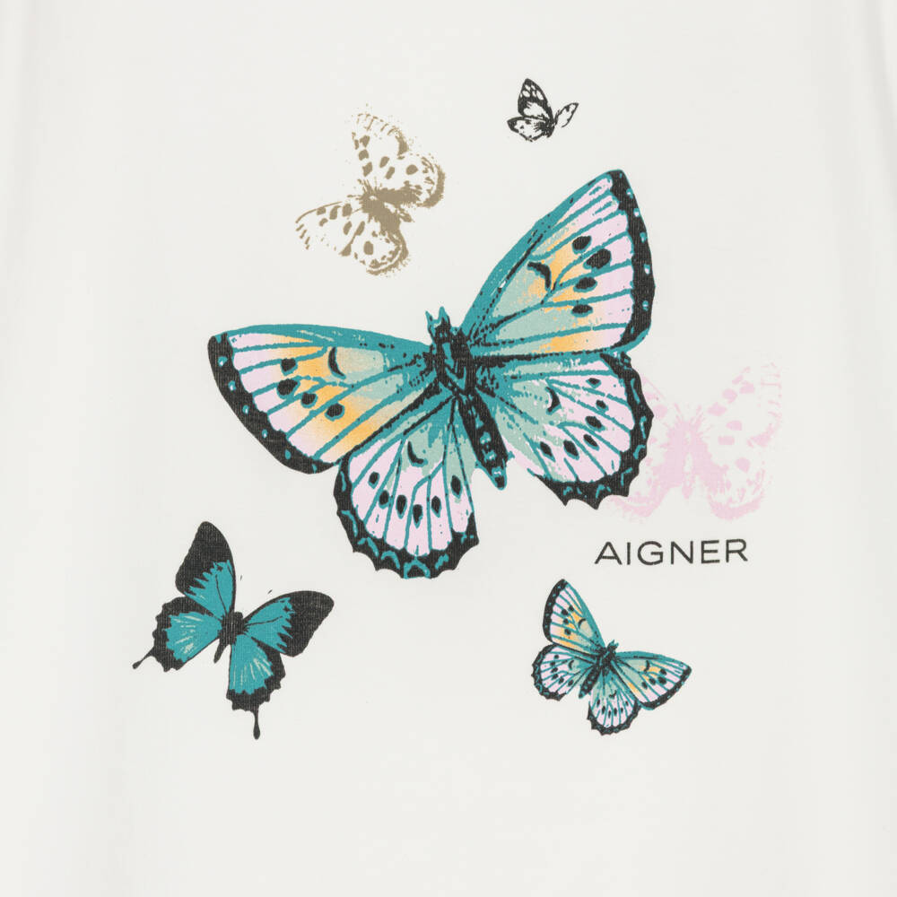 AIGNER-Кремовая футболка с синими бабочками для девочек | Childrensalon Outlet