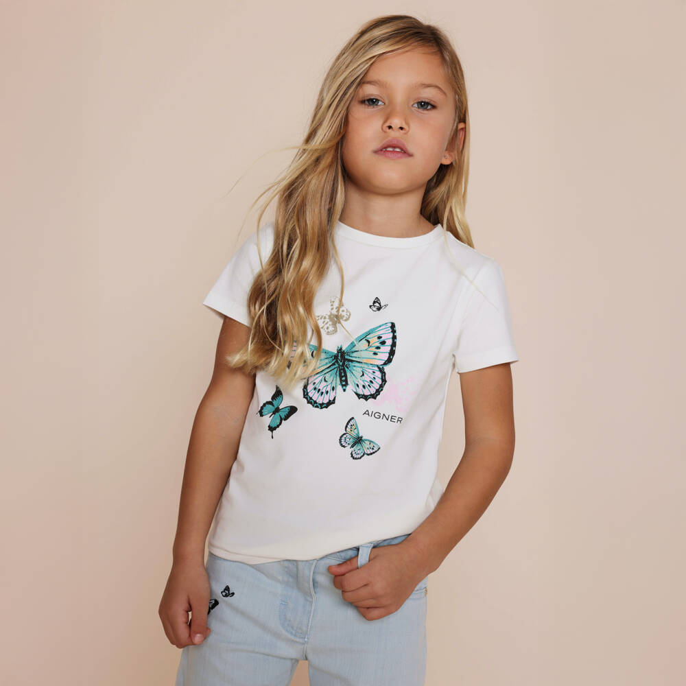 AIGNER-Кремовая футболка с синими бабочками для девочек | Childrensalon Outlet