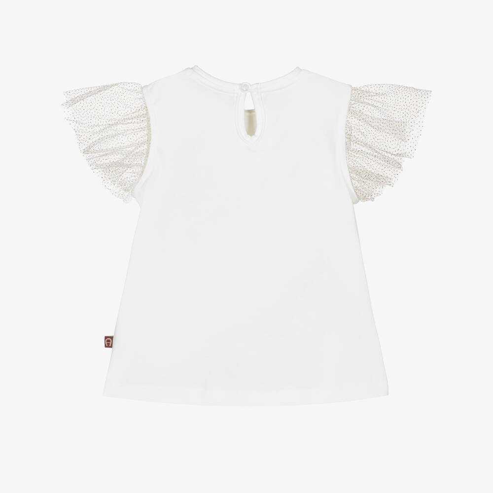 AIGNER-Girls Ivory Cotton T-Shirt with Tulle Sleeves | Childrensalon Outlet