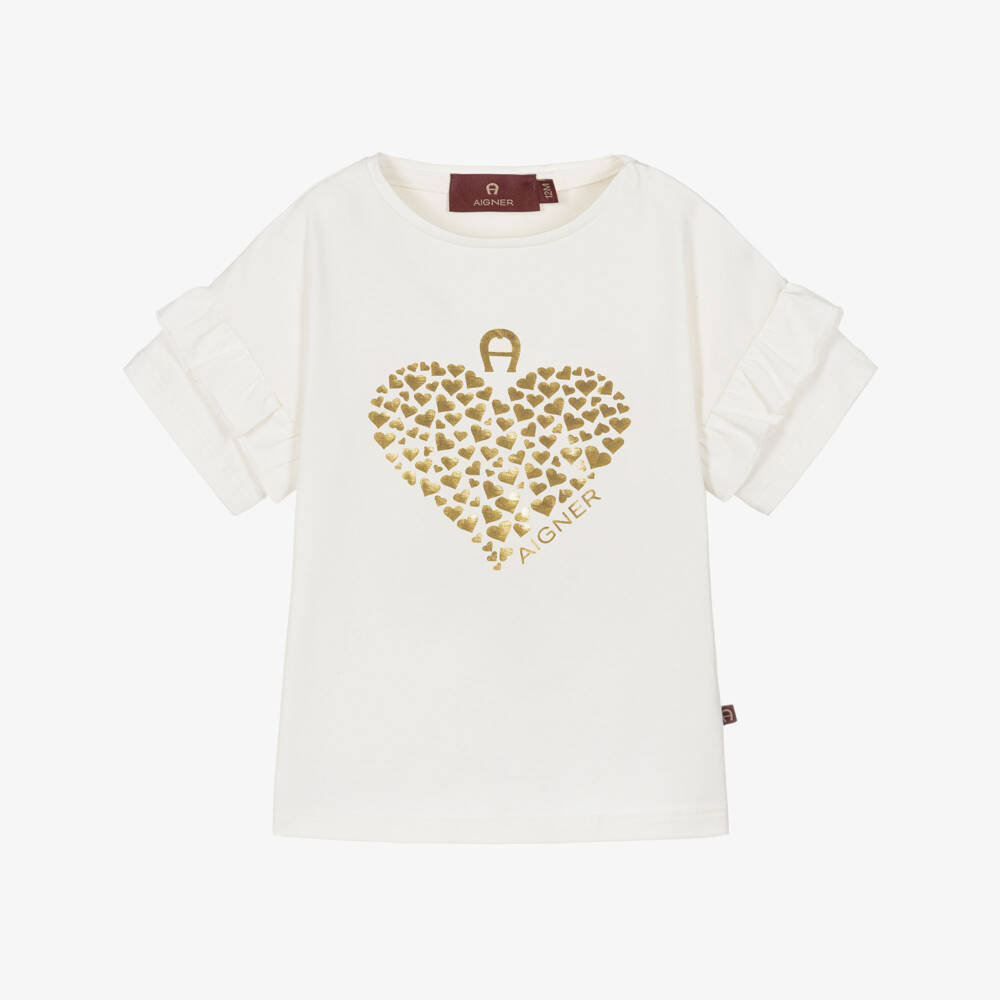 AIGNER-Girls Ivory & Gold Cotton Heart T-Shirt | Childrensalon Outlet