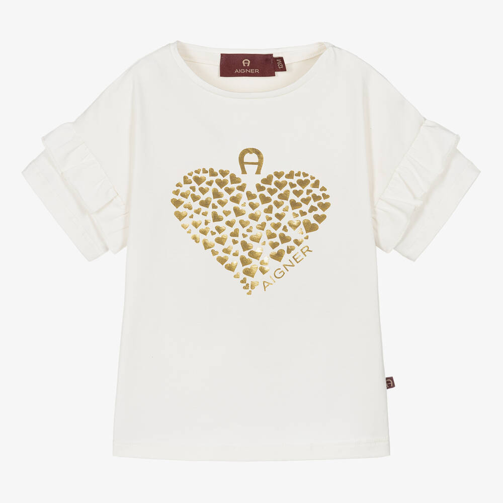 AIGNER-Girls Ivory & Gold Cotton Heart T-Shirt | Childrensalon Outlet