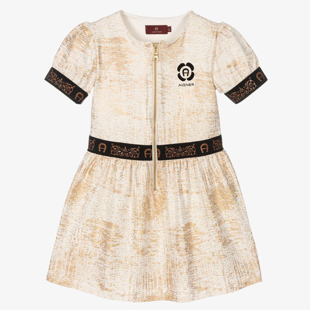 AIGNER - Girls Ivory & Gold Cotton Logo Dress | Childrensalon
