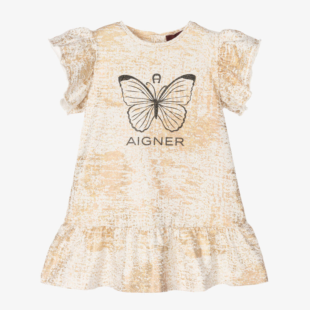 AIGNER - Girls Ivory & Gold Cotton Logo Dress | Childrensalon