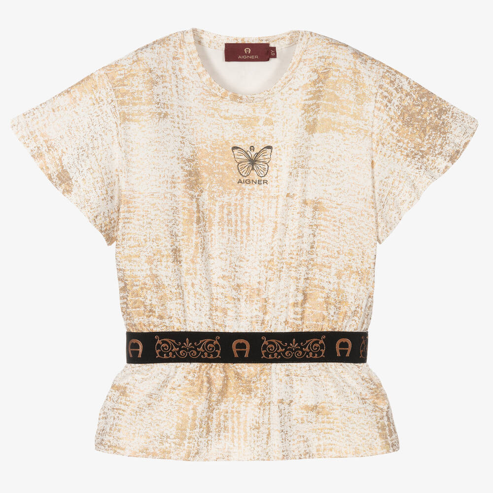 AIGNER - Girls Ivory & Gold Cotton Top | Childrensalon