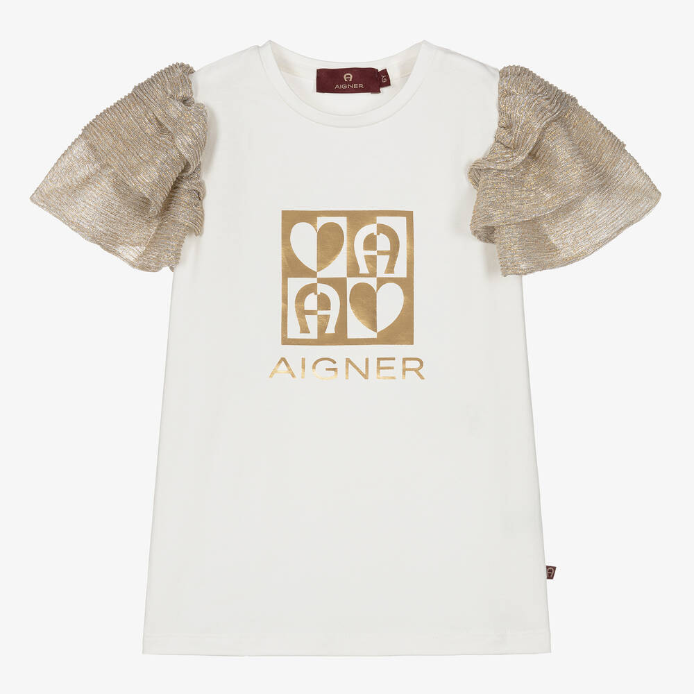 AIGNER-Girls Ivory & Gold Cotton Top | Childrensalon Outlet