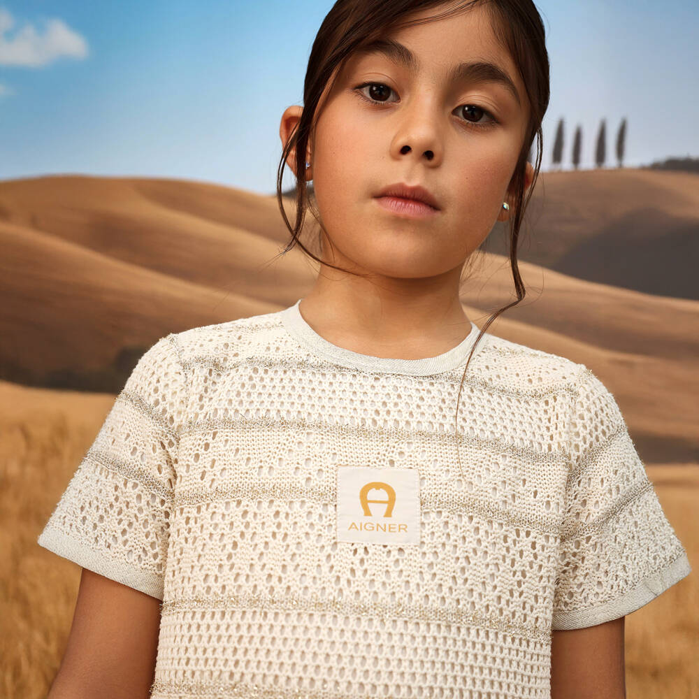AIGNER-Girls Ivory & Gold Crochet Dress | Childrensalon Outlet