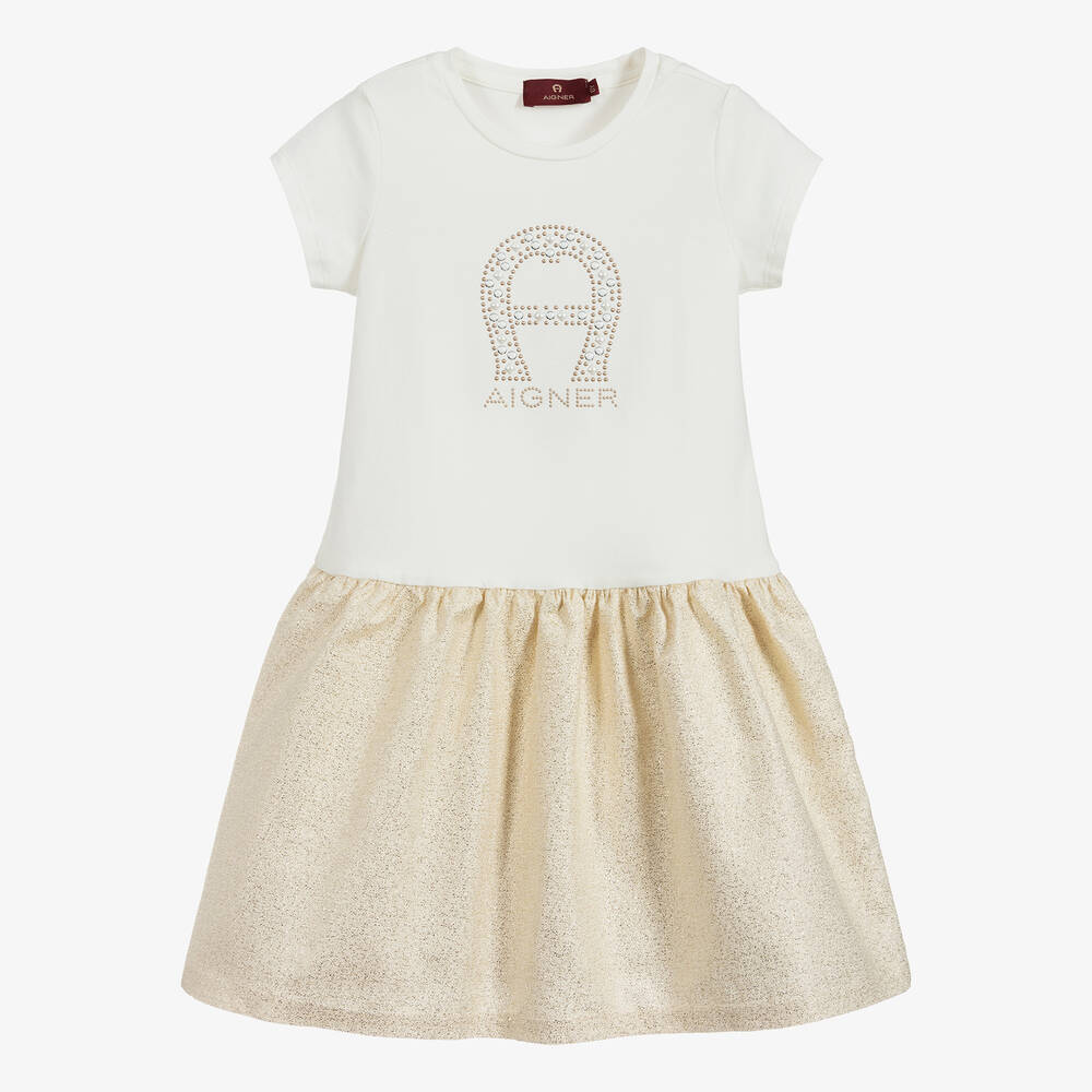 AIGNER - Платье цвета слоновой кости и золотистого цвета с логотипом для девочек | Childrensalon