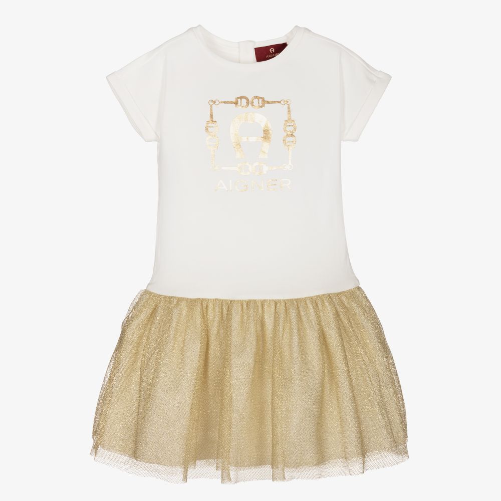 AIGNER - Girls Ivory & Gold Logo Dress | Childrensalon