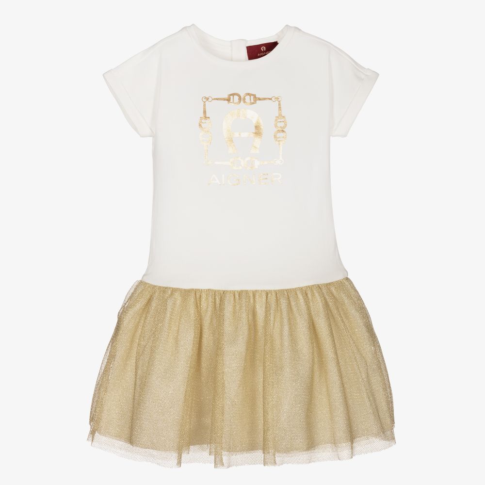AIGNER-فستان قطن جيرسي لون عاجي وذهبي | Childrensalon Outlet