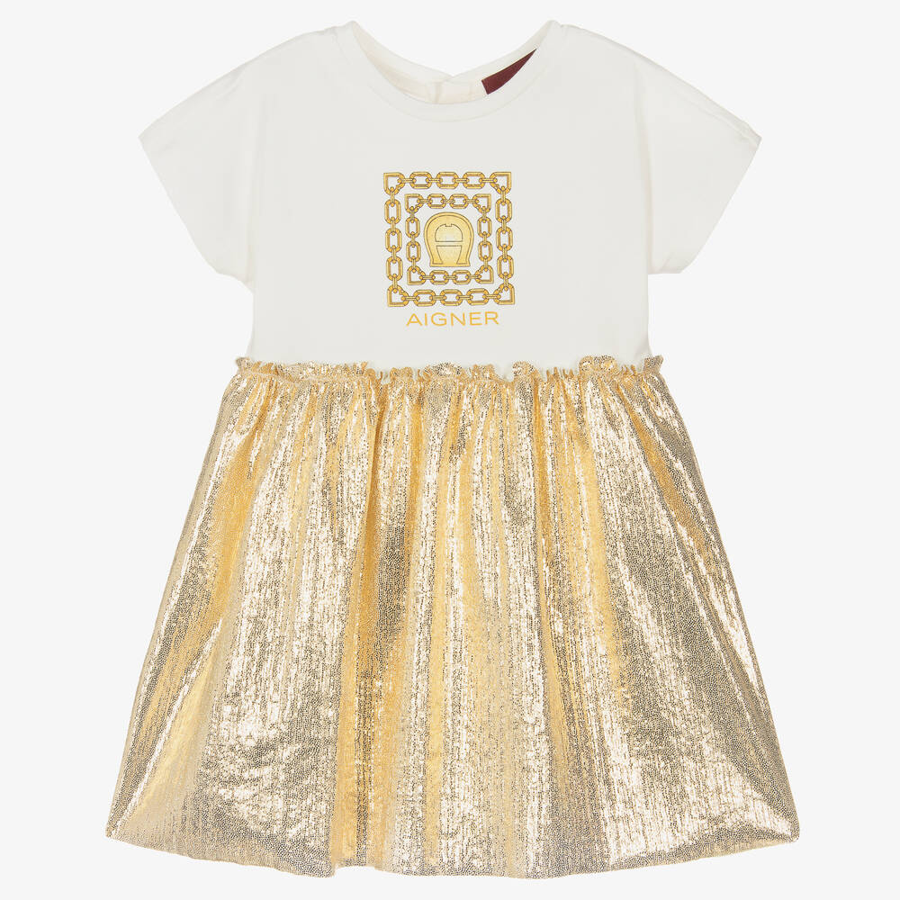 AIGNER-Girls Ivory & Gold Lurex Dress | Childrensalon Outlet